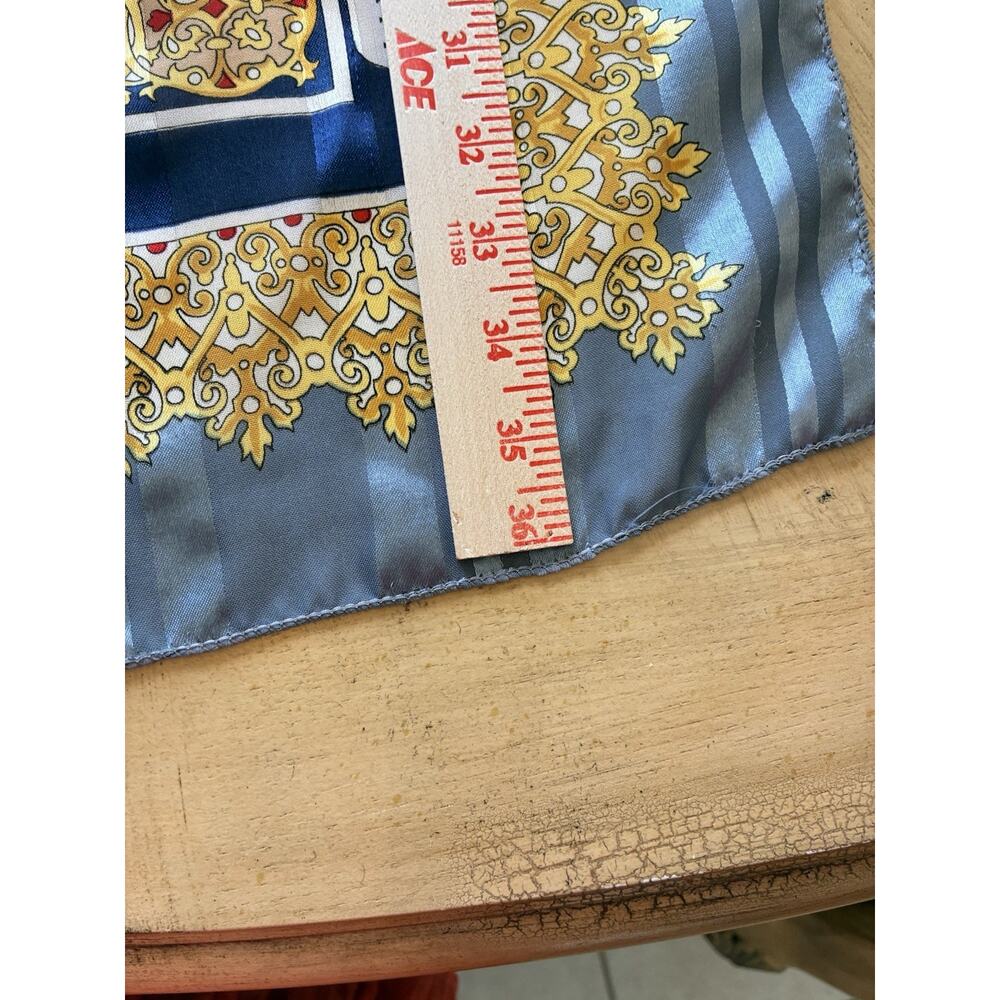 VTG Lucky 100% Silk Scarf Large Baroque Medallion Blue Gold Satin Stripe Border - Picture 13 of 16